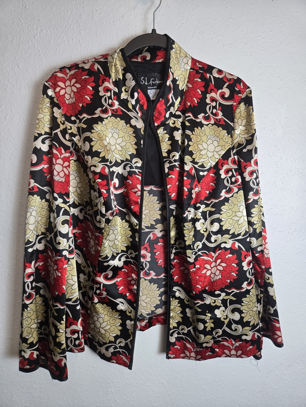 S.L. Fashions Black Satin Floral Open Front Jacket - Red & Gold